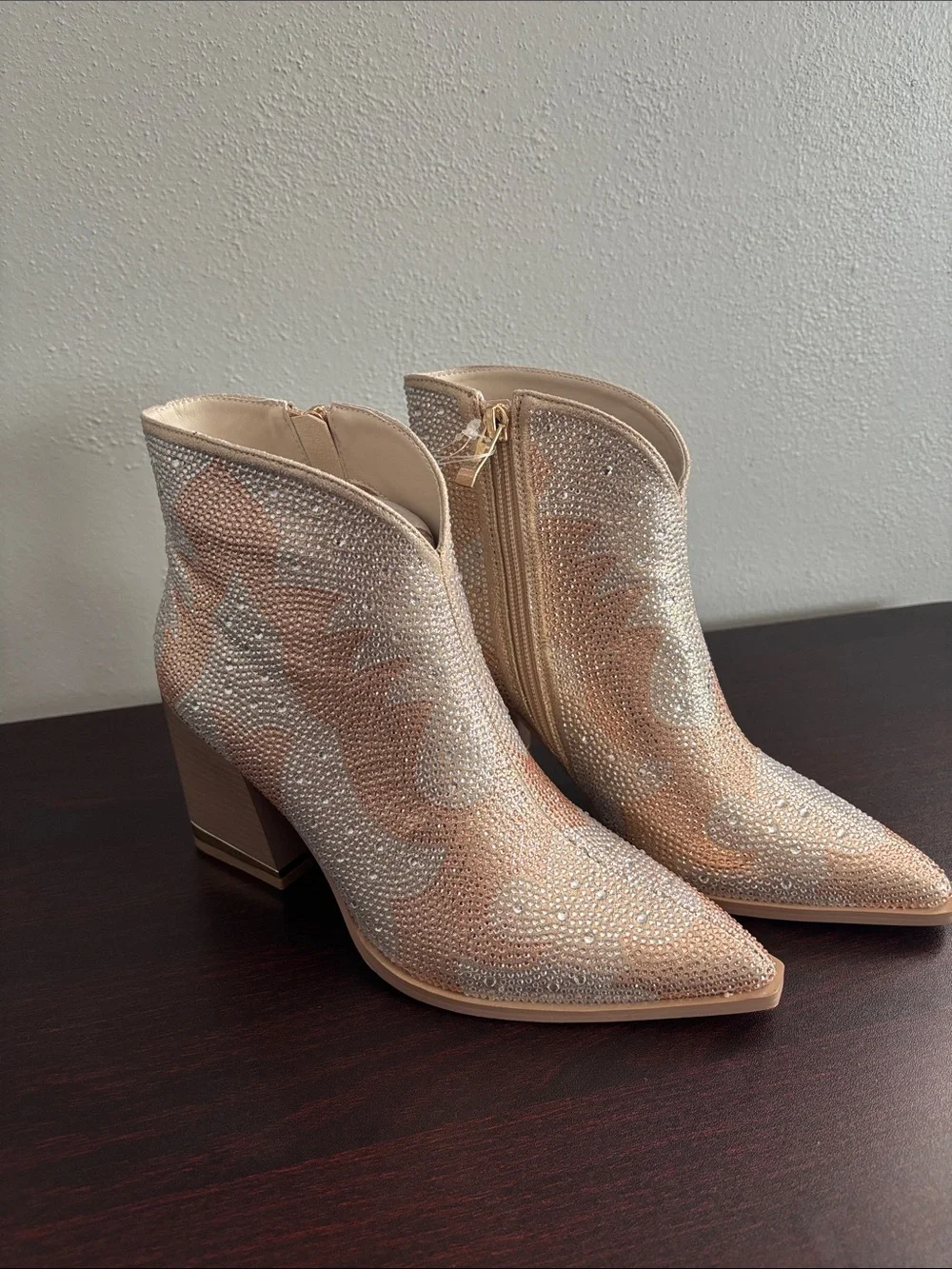 London Rag Zarka Gold Rhinestones Embellished Block Heel Boots